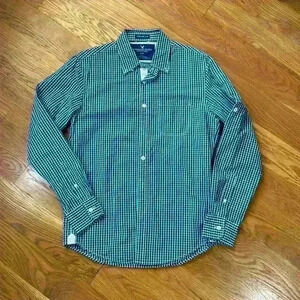 American Eagle Men's Size Small Long Sleeve, Button Down Blue Plaid Oxford Shirt